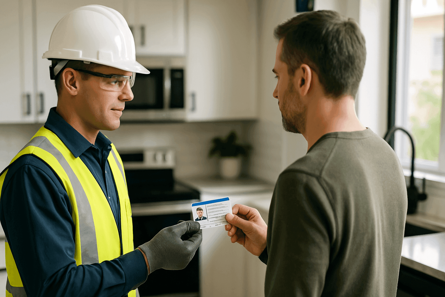 Electrician showing credentials to a homeowner in a modern kitchen