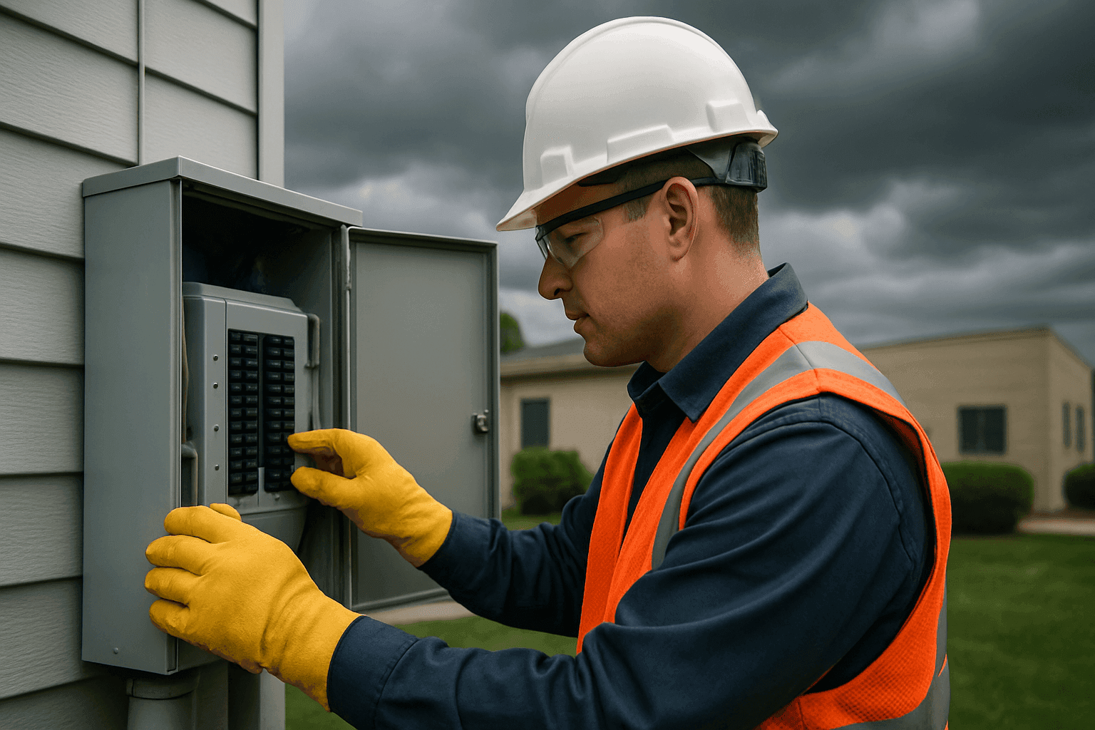 Electrician inspecting outdoor electrical equipment before a storm