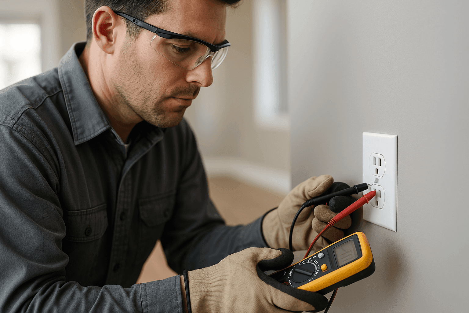 Electricista probando de forma segura un enchufe de pared con un multímetro